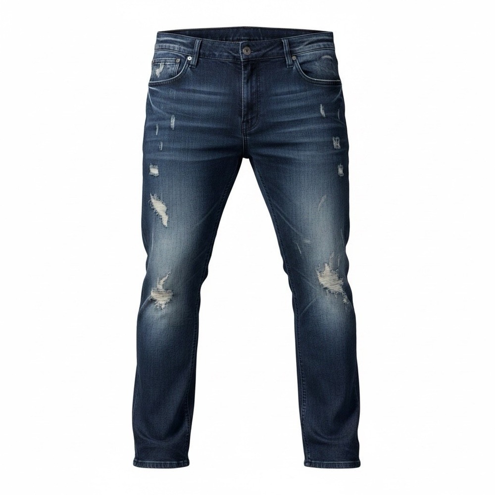 Born Fly Jeans Mens 40x34 Dark Blue Denim Distressed Ripped Patched Straight Leg